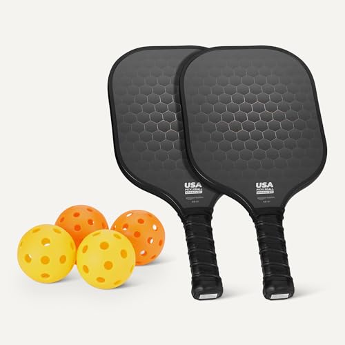 Amazon Basics Pickleball Paddles Set of 2, USAPA Approved Carbon Fiber Paddle with 4 Balls, Lightweight Pickle Ball Rackets, Carry Bag & Grips, Black view 4