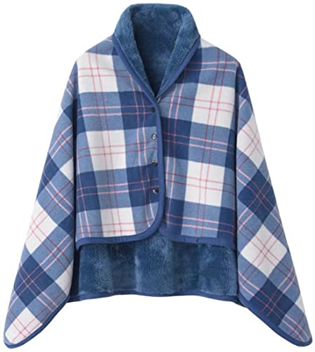 WINKEEY Women Multiway Plaid Poncho Shawl Wrap Fleeced Wearable Blanket Ultra Soft Sherpa Flannel Cape, Blue