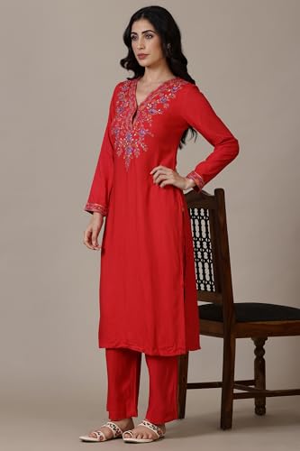 Image of Aurelia Red Solid Acrylic Straight Kurta & Palazzo for Women