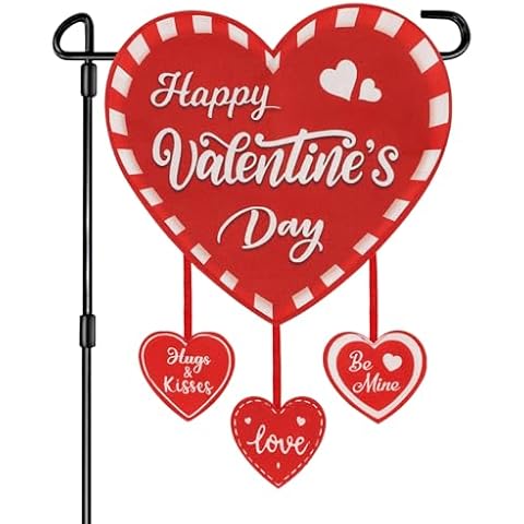 Valentine Garden Flag Banner Outdoor Decorations for Outside Double-Sided Printed, Pink Red White Heart Valentine's Day Yard Flags House Yard Spring Seasonal Decoration 16 x 39.5 Inch Striped Plaid Cover
