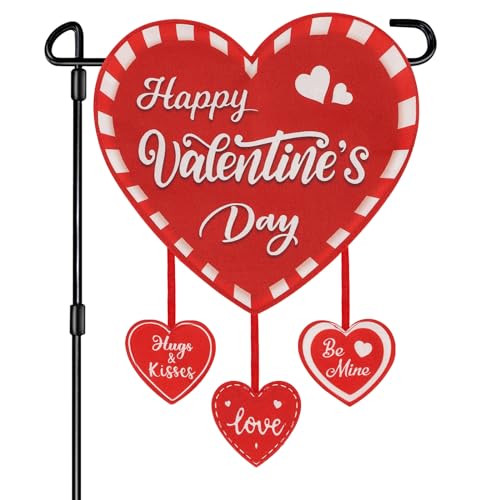 Valentine Garden Flag Banner Outdoor Decorations for Outside Double-Sided Printed, Pink Red White Heart Valentine's Day Yard Flags House Yard Spring Seasonal Decoration 16 x 39.5 Inch Striped Plaid