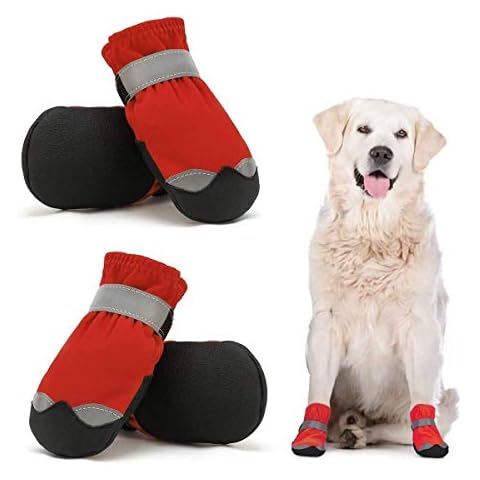 Dog Shoes Protective for Large Medium Pet Dog Socks 4PCS Anti-Slip Dog Boots Sole Paw Protector with Reflective Straps Wear-resistant Dogs Booties Sports Walking Outdoor Red 4# Cover