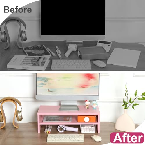 Image of TEAMIX 2 Tiers Pink Monitor Stand Riser, Desktop Stand with Keyboard Storage Small TV Stand Laptop Wooden Desk Organizer Cute Shelf