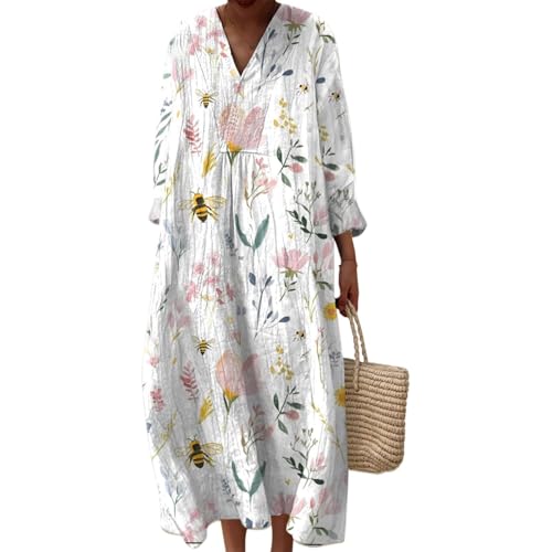 Vestido Largo Mujer Estampado Floral con Manga Larga y Escote en V, Túnica Boho Holgada Casual para Primavera Otoño, Vestidos Elegante Diario Talla Grande