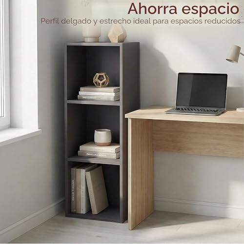 Estantería de madera gris compacta para resolver la falta de espacio en despachos 4