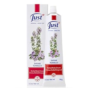 SwissJust Thyme Cream, Thyme Tomillo Cream 96g. Massage Cream with Camphor Oil, Lemon Eucalyptus Chamomile Essential Oil, Rosemary Oil, Soybean Oil, and Pine Essential Oils.