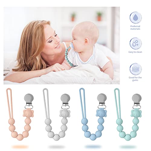 Image of 4Pcs Pacifier Clip, Silicone Pacifier Clip for Boys Girls, Flexible One-Piece Pacifier Holder Clip with Wooden Clips, Baby Shower and Birthday Gift