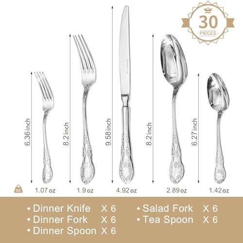 KINGSTONE Vintage Silverware Set, 30-Piece 18/10 Stainless Steel Retro Royal Flatware Cutlery Set for 6 with Carved Thick Handles, Tableware Utensils for Home,Party,Restaurant,Wedding,Dishwasher Safe