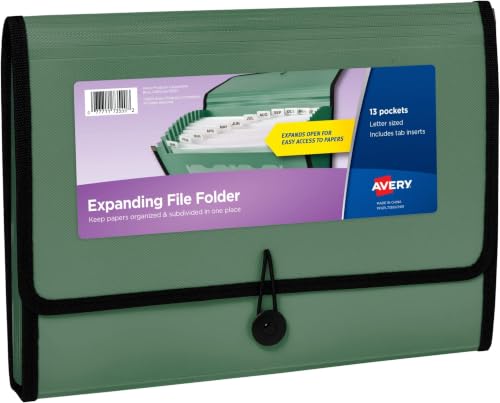 Image of Avery Expanding File Folder Organizer, 13-Pocket Accordion File Organizer, Sage, Holds 425 Letter /A4-Size Sheets (73555) (Pack of 6)