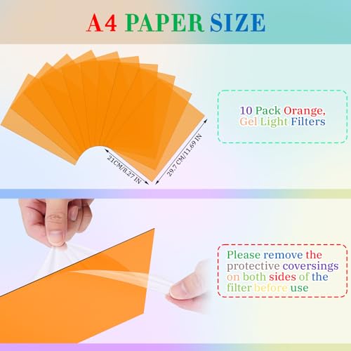 Image of 10 Pack Gel Light Filter Sheets, A4 Size Transparency Colored Plastic Sheets,Light Gel Filters for Photography Studio Lighting, Stage LED Lights,Headlight Film (Orange)