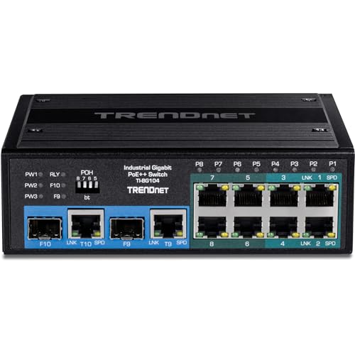 TRENDnet TI-BG104 Przełącznik przemysłowy na szynie DIN Gigabit PoE++ Niezarządzany z 10 portami, 4 porty Gigabit PoE++, 4 porty Gigabit PoE+, 2 porty Gigabit SFP lub RJ-45, 360 W budżet mocy