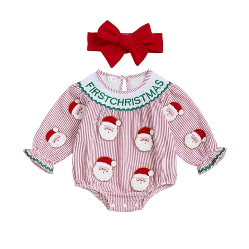My First Christmas Baby Girl Outfit Santa Cute Claus Long Sleeve Crew Neck Striped Newborn Romper With Headband