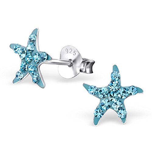 925 Sterling Silver Aqua Blue Crystal Starfish Stud Earrings 31451