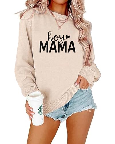 Image of YHHR Mama Sweatshirts for Women Boy Mom Letter Print Long Sleeve Pullover Casual Crew Neck Fall Blouse Tops