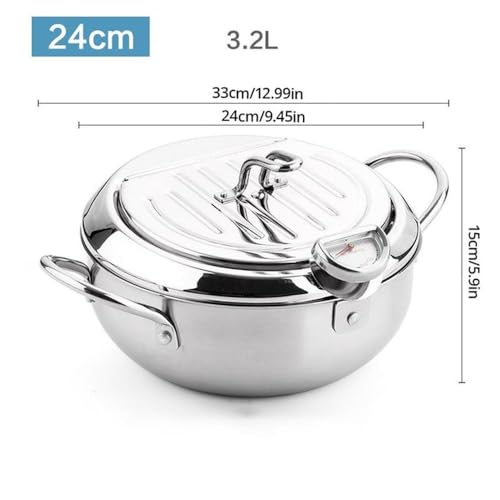 ASerZenith 1 Stück Edelstahl-Ölpfanne, Haushaltsthermometer Mit Deckel, Ölfritteuse, Kleine Ölsparende Pommes-Frites-Bratpfanne, 4,2 L, 1 Stück(3.2L-1pc)