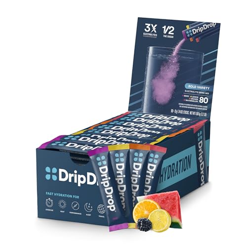 Image of DripDrop Hydration Packets - Bold Variety Pack - Single Serve Electrolytes Powder Drink Mix - Watermelon, Berry, Lemon, Orange - Non-GMO, Gluten Free - 16OZ Serving Size - 80 Sticks - Value Pack
