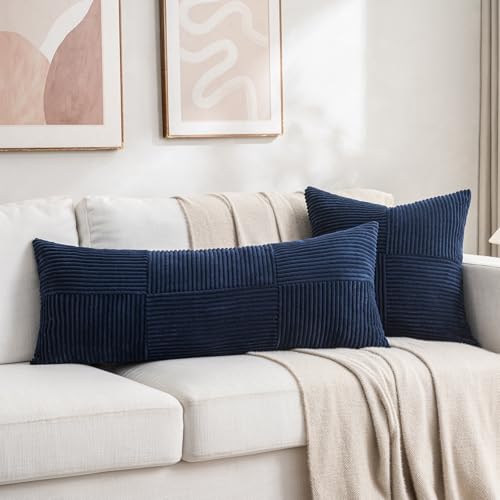 Image of Fancy Homi Set of 2 Navy Blue Boho Long Lumbar Body Decorative Throw Pillow Cover 14x36 Inch for Bed Couch Bedroom Bench, Soft Patchwork Corduroy Textured Pillow Case, Rustic Farmhouse Room Decor