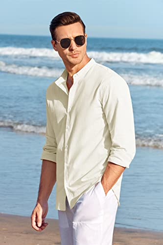 Makkrom Men's Casual Button Down Cotton Linen Shirts Long Sleeve Band Collar Beach Shirt Top Beige #TOP4
