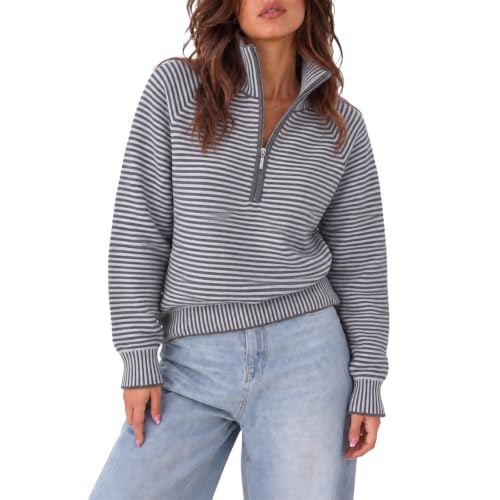 Striped Sweater Women Quarter Zip Pullover Knit Collared Fall Sweaters - image 1