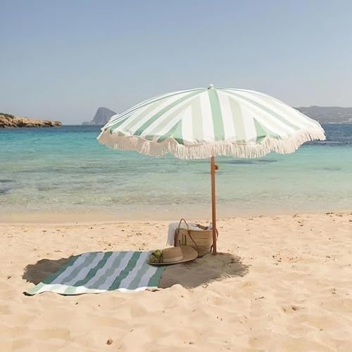 HEBEHO Garden Parasol Tiltable Umbrella 7ft, Outdoor Beach Umbrella with Fringe, UV Protection, Portable Striped Sun Shade Umbrella for Deck, Yard, Patio (Color : Green, Size : 200cm/6.6ft)
