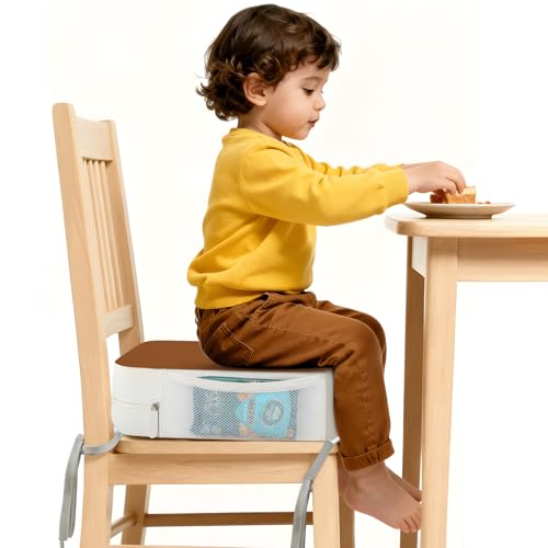 Image of Booster Seat for Kitchen Chair, 3.8 inch Toddler Booster Seats for Dining Table with Ties, PU Dining Booster Seat with Side Pockets, Non-Slip & Removable Table Booster Seat Increasing Cushion (Brown)