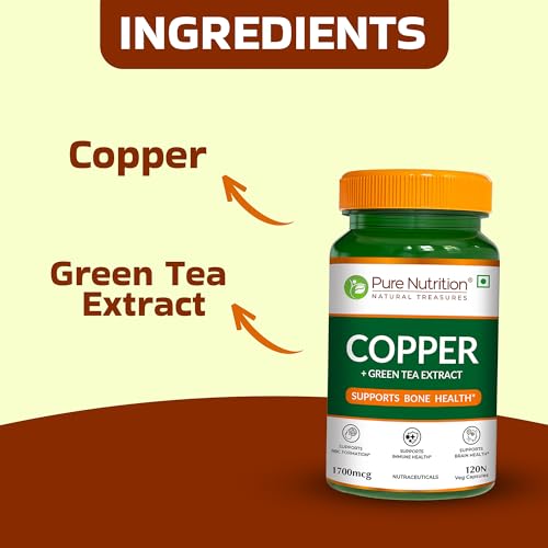 Image of Pure Nutrition Copper Supplements | Copper Tablets Capsules for Men & Women 1700mcg with Green Tea Extract | Support Connective Tissues, Brain Health, Boost Immunity - 120 Veg Capsules