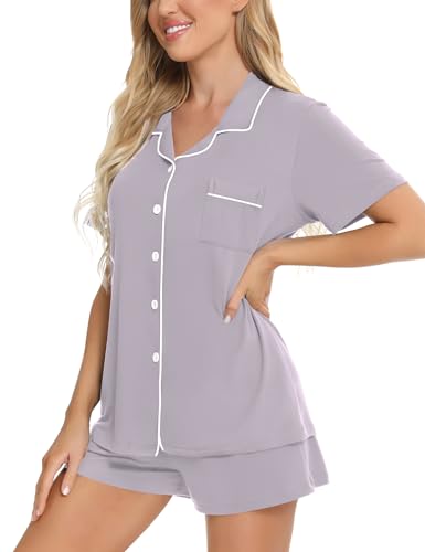 Image of SWOMOG Womens Button Down Pajamas Set Short Sleeve Sleepwear Bride Soft Pj Lounge Sets XS-3XL