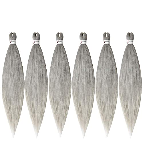 Msbelle Pre Stretched Braiding Hair 20-Inch Braid Hair Synthetic Braiding Hair Bundles Top Silky Hair Extensions Yaki Texture Hair Hot Water Setting Soft Synthetic Hair 6 Packs/Lot (20Inch,Silver Grey) #TOP1