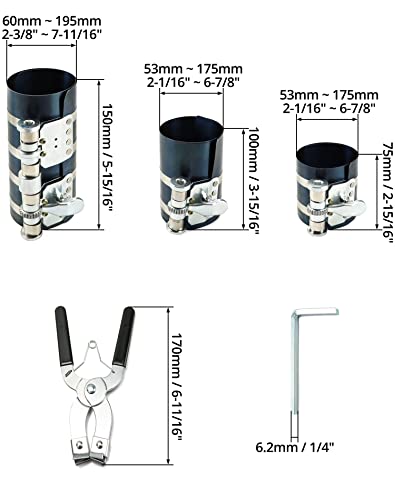 Qwork 3" 4" 6" Piston Ring Compressor, Car Engine Installer Removal Kit, Piston Installer Plier #TOP5