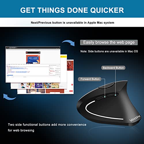 Vassink Wireless Mouse Ergonomic Mouse Rechargeable Vertical Optical Mice With Usb Receiver, 6 Buttons 2.4Ghz Adjustable Dpi 800/1200/1600 For Pc Computer,Laptop,Etc（Black） #TOP5
