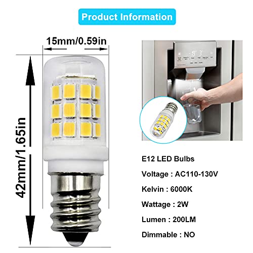 E12 Led Fridge Water Dispenser Light Bulb 2W(15W Replacement) 120V T5 Tubular Appliance Bulb For Chandeliers Home Lighting Refrigerator/Dryer Drum Light C7/S6 Clear Glass Daylight White 6000K,2-Pack #TOP1