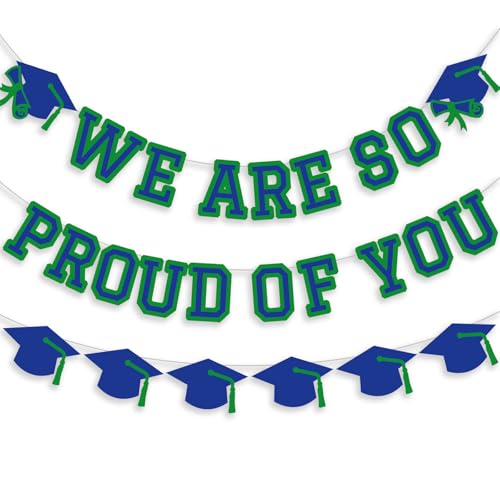 Image of We Are So Proud Of You Banner Graduation Party Decorations Congrats Grad Cap Garlands Wall Sign Blue Green