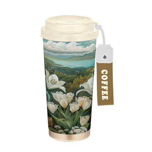 SKYSHU Lily Flower - Taza de café de viaje aislada de 17 onzas con tapa y pajita, vaso a prueba de derrames y fugas con correa de asa para bebidas calientes y frías, botella de agua reutilizable de