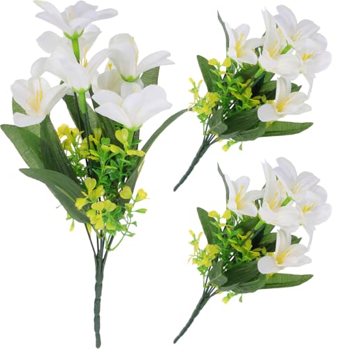 Veemoon Künstlicher Lilienstrauß 3 Stück Lebensechte Kunststoffblumen Cremeweiß für Hochzeit Büro und Gartendekoration