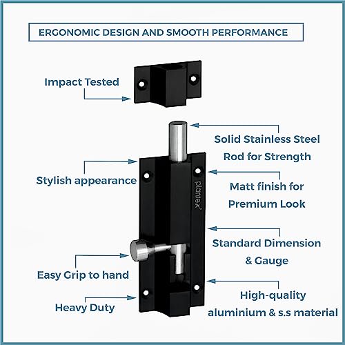Image of Plantex Stainless Steel 4-inch Tower Bolt /Tower Bolt for Home,Offices Doors and Windows /Tower Bolt for Main Door /Wardrobe Door Latch /Kundi /Chitakini /Door Latch for Windows (Black Finish, Pack of 6)