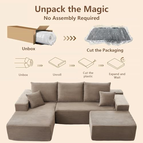 Image of 107 inch Modular Sectional Sofa with Ottoman, Modern Corduroy Cloud Couch with Deep Seat, Boneless Couch Upholstered 3-Seater U-Shaped Sofa for Living Room, No Assembly (Camel, Left-Facing Chaise)