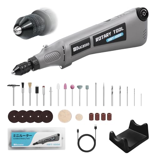 Bucasso Variable Speed Rotary Tool Kit with 2.0 universal chuck from 1/50'' to 1/8'', Cordless Rotary Tool with LED Light, Multi-Purpose Power Tool for Sanding, Polishing, Drilling, DIY Crafts
