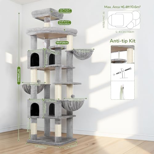 Image of Globlazer Extra Large Cat Tree Tower, 82in Tall Heavy Duty Cat Tree for Indoor Cats Large Adult Big Cat Tower with 8 Scratching Posts, 2 Cat Condos, 2 Top Perches, 3 Hanging Baskets, S82, Light Grey