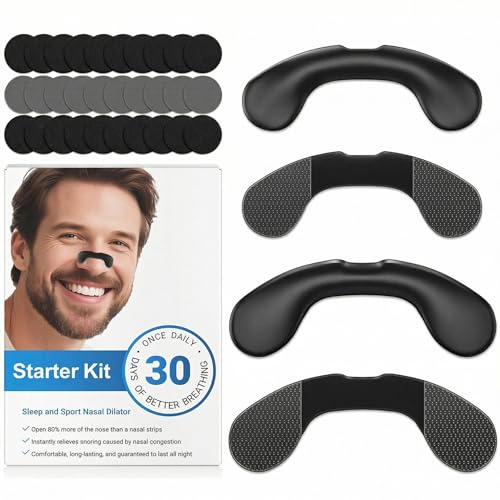 Non-Magnetic Nasal Bands to Help Reduce Snoring Professional Reusable Nose Dilator and Airflow Opener for Sleep and Sport Includes 30-Day Supply of Adhesive Patches and 2 Sizes of Bands (Black)