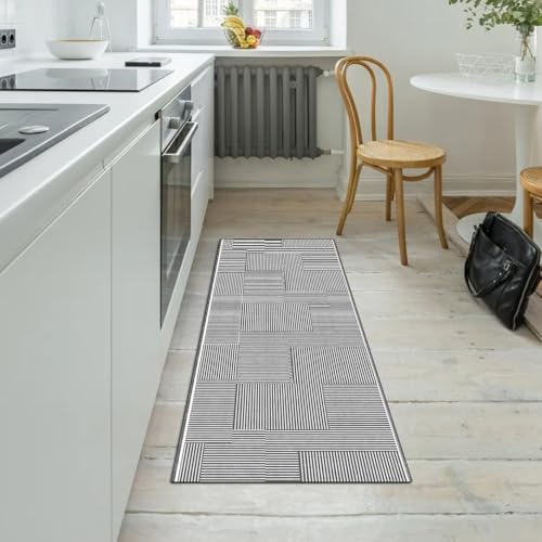 Alfombra de pasillo gris oscuro a rayas de 100 x 250 cm, lavable y antideslizante 5