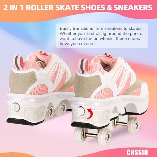 Image of Roller Skates for Women /Girls, Retractable Kick Roller Shoes with Wheels for Men, Outdoor Quad Wheel Rink Skates Adjustable Deformation Sneakers for Adult /Boys