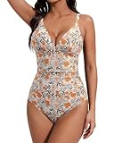 SUUKSESS Womens Slimming One Piece Swimsuits Sexy V Neck Bathing Suits Crisscross Backless 1 Piece Adjustable Strap Swim Suit 2026(Orange Ditsy Print,Small)
