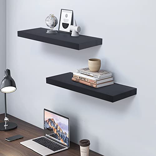 Floating Shelves - Black Rustic Wooden Wall Shelves Set Of 2 - Wall Mounted Storage Shelf With Invisible Brackets - Extra Deeper & Thicker For Living Room, Bedroom, Kitchen, Farmhouse - 24" L X 9" D #TOP1