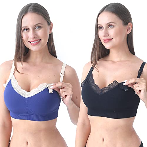 SUNNYBUY Damen Still-BHs Stillen Mutterschaft Bralette Schwangerschaft Kabelloser Nahtloser Postpartum BH, Spitze, 2 Stück, Schwarzblau, Large Cover