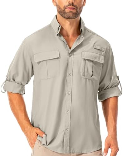 Asfixiado Hemd Herren Safari UPF50+ UV Schutz Wanderhemd Herren Langarm Funktionshemd Outdoorhemd Atmungsaktiv Schnelltrocknend Casual Button Down Shirts