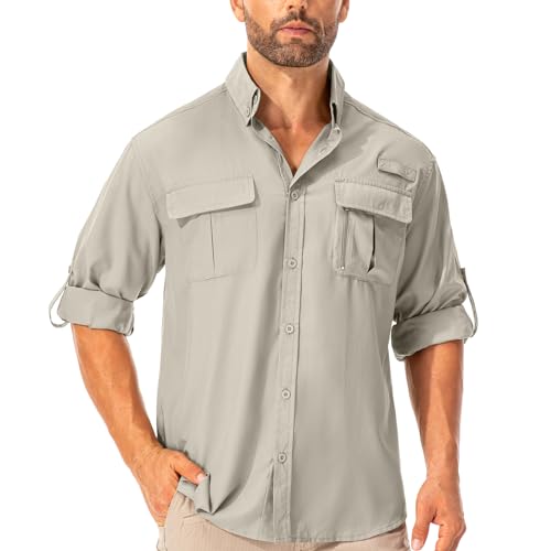 Asfixiado Hemd Herren Safari UPF50+ UV Schutz Wanderhemd Herren Langarm Funktionshemd Outdoorhemd Atmungsaktiv Schnelltrocknend Casual Button Down Shirts(Light Khaki XL)