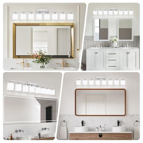 Image of Brushed Nickel Bathrooms Lights for Huge Mirror, 8 Light Anti-Rust Finish with Milky White Frosted Glass Shades, 51 Inch Above Mirror Lights for Bathroom, E26