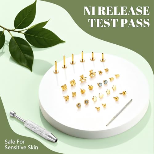 Image of SANNIDHI Earrings Set for Women Hypoallergenic Surgical Steel Internal Thread Stud Piercing Jewelry for Tragus Helix Cartilage Conch Nose Plated Lip Labret Medusa Piercing