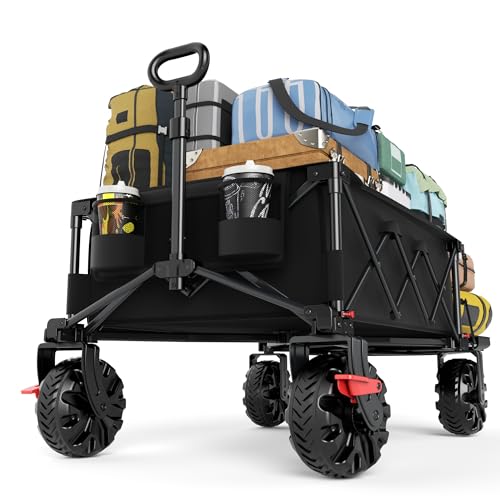 Image of TIMBER RIDGE 600L Beast Wagon 26 inch W Extra Wide All Terrain Folding w /Big Wheels, Cargo Net & Tailgate, 400lbs Heavy Duty Portable Cart 54.5 inch L Large Collapsible Wagons for Camping, Sports, Dogs, Black