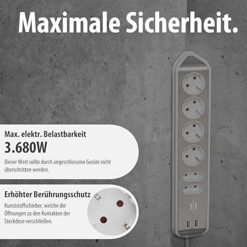 Brennenstuhl Estilo Ecksteckdosenleiste 6-Fach (Tischsteckdose mit Edelstahloberfl&auml;che f&uuml;r K&uuml;che/B&uuml;ro, Ecksteckdose mit 4X Schutzkontakt-Steckdosen, 2X Euro-Steckdosen, 2X USB) Silber/wei&szlig;